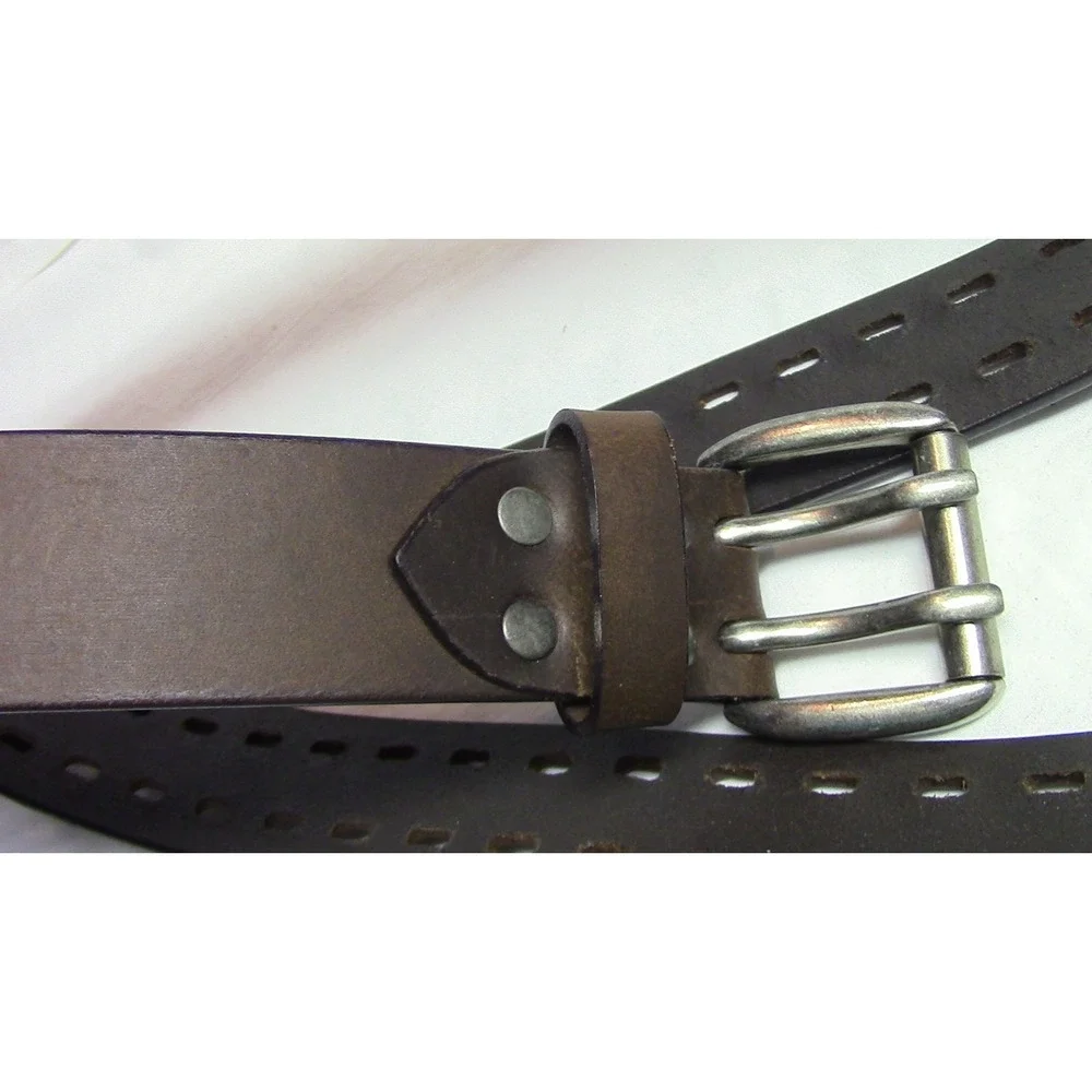 Men's Genuine Leather Jeans Belt Brown 2-Hole Heavy Duty Silver Buckle 44/46 - Picture 2 of 3